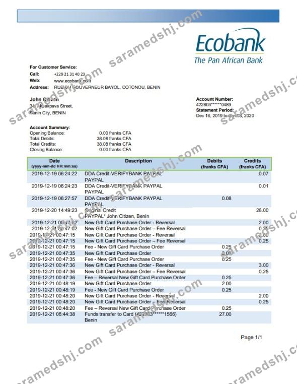Benin Ecobank bank statement